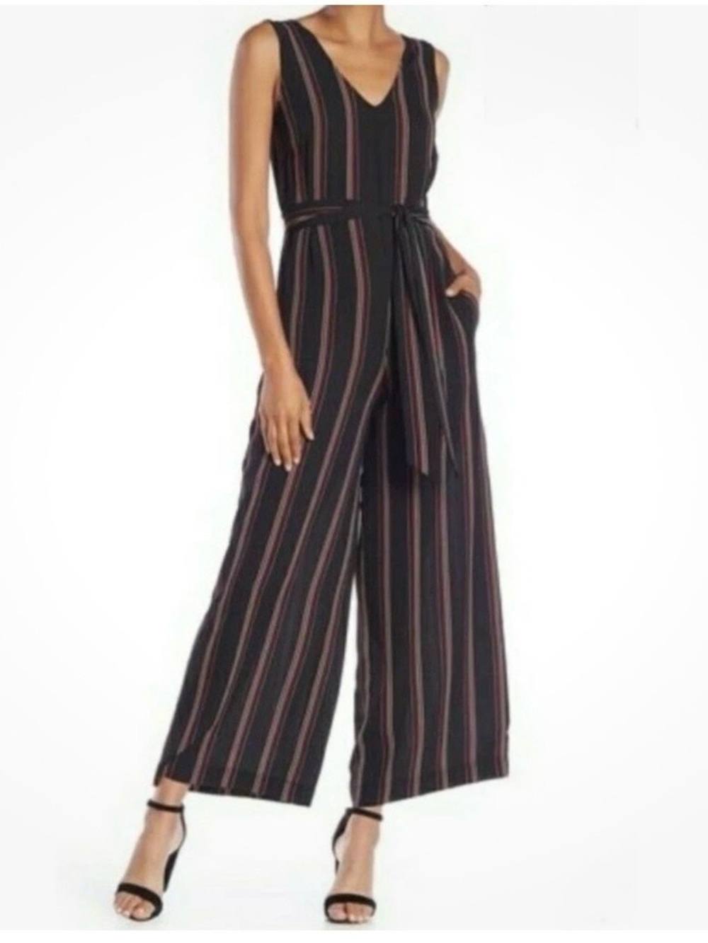 Max Studio Women’s Black‎ Striped Sleeveless Wide-Leg Jumpsuit with Waist Tie XS